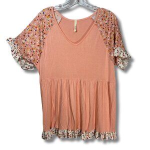 Celeste Women's L Ruffle Sleeve Hem Pink V-Neck Top Floral Polka Dot Flowy Large